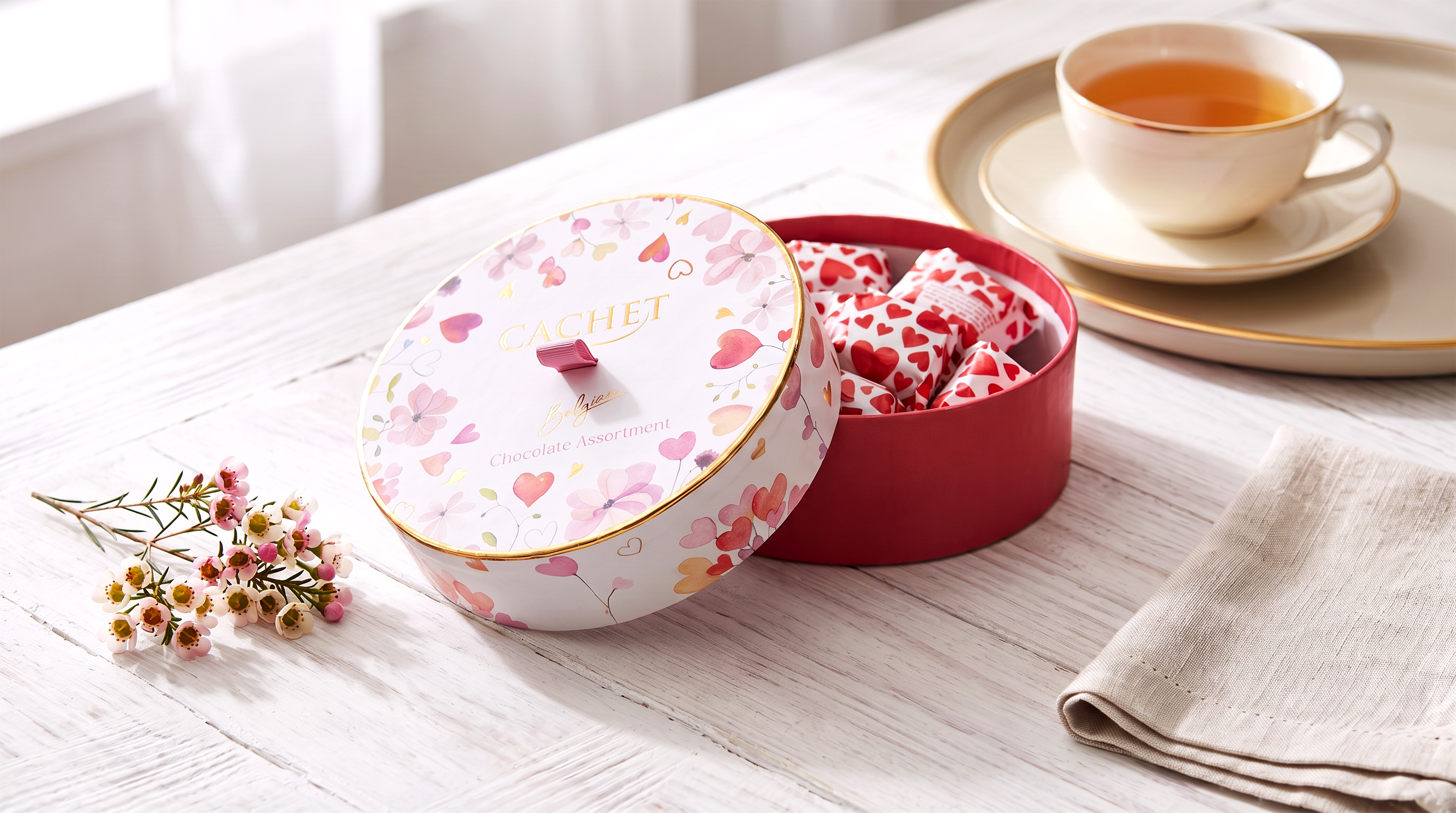 Cachet floral round chocolate assortment box, open