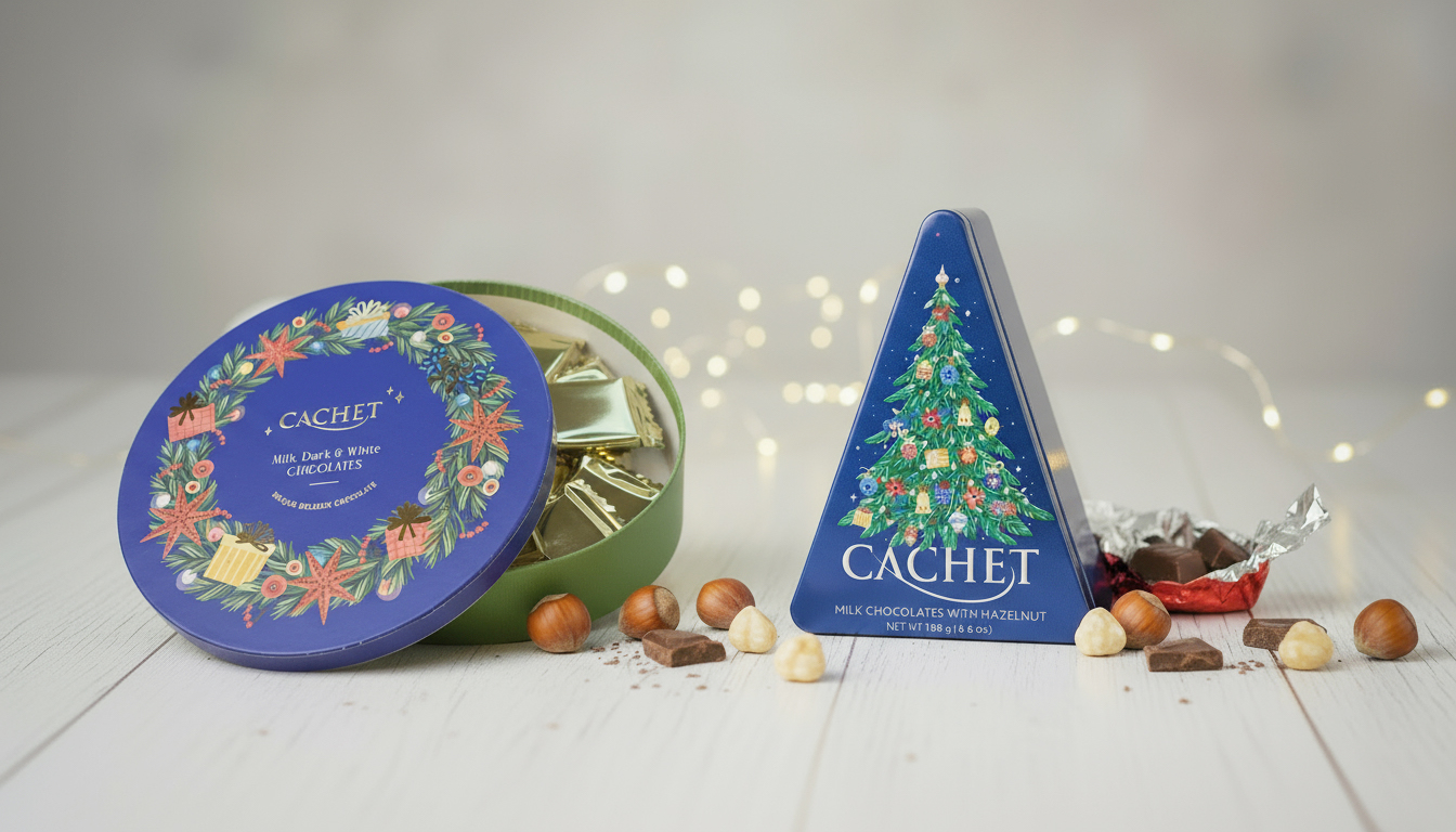 Cachet Christmas tree tin and round box