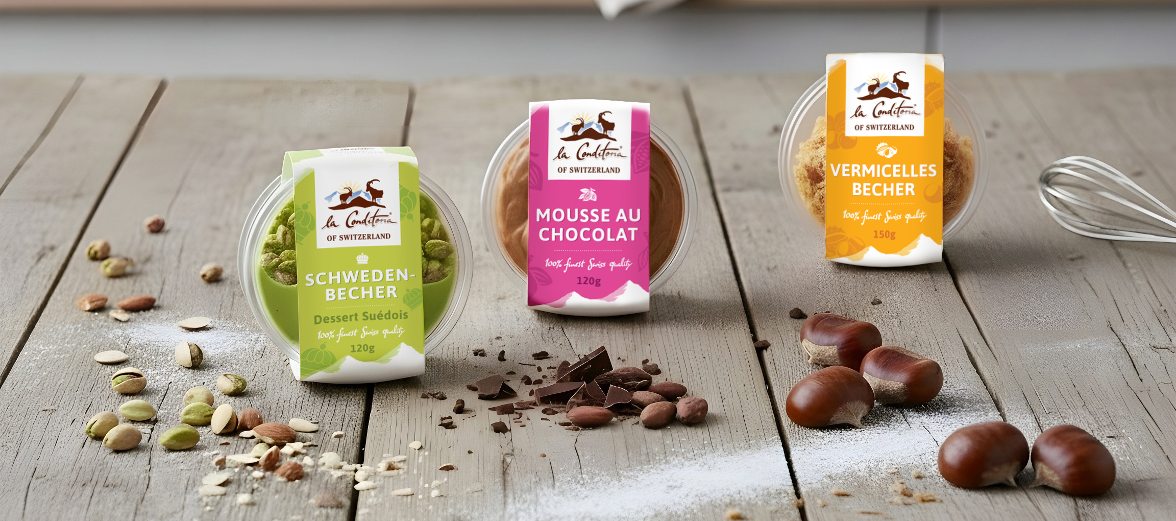 La Conditoria chilled dessert cups: Schwedenbecher, Mousse au Chocolat, Vermicelles