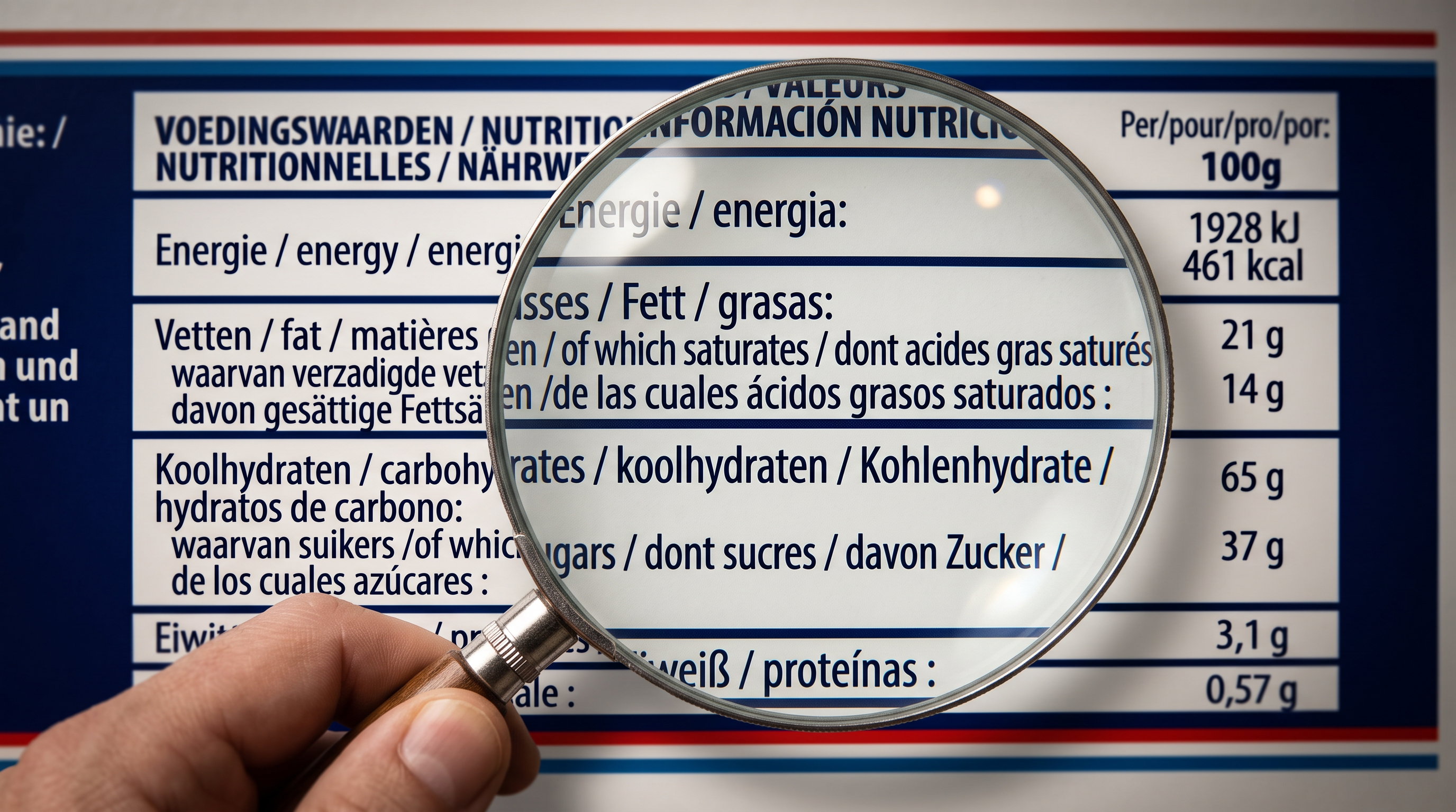 Nutrition panel checked under a magnifier