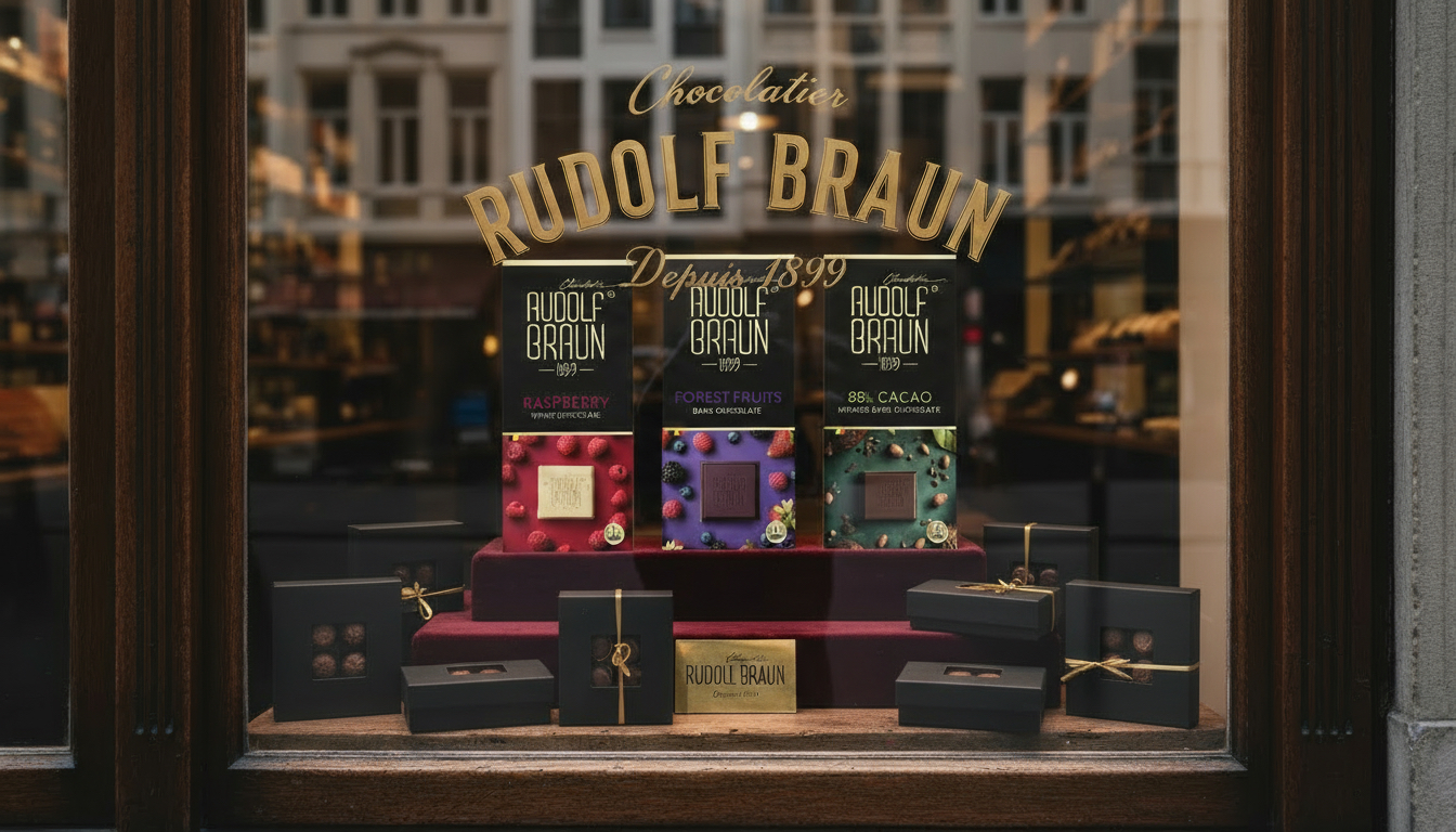 Rudolf Braun chocolatier boutique window with tablet range and gift boxes