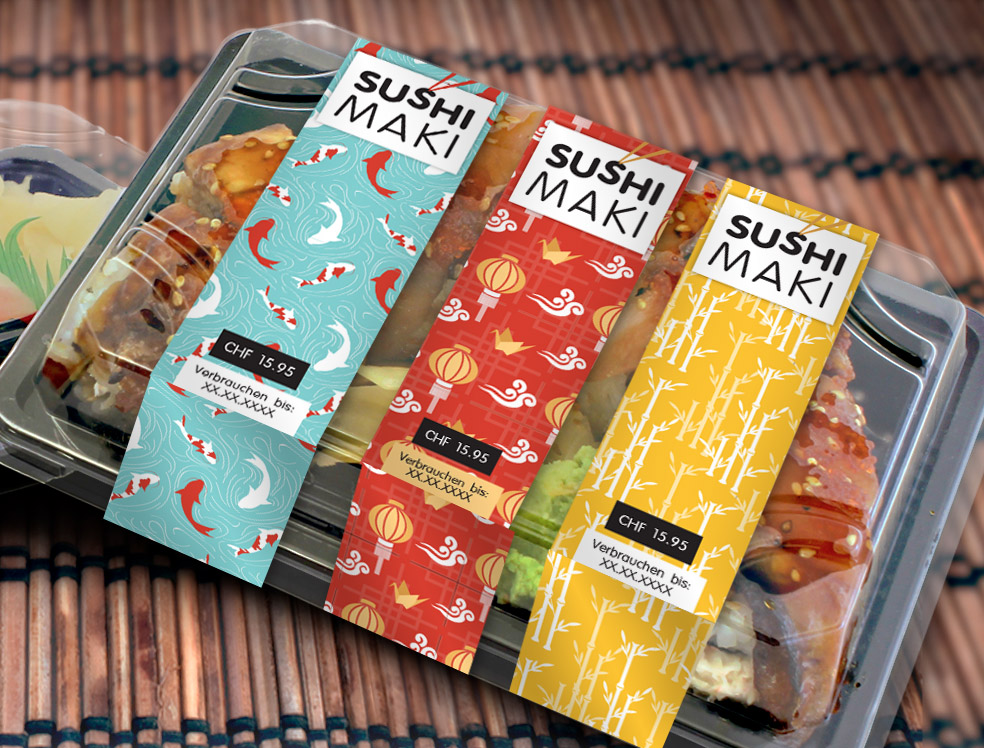 Sushi Maki sleeve labels in three patterns